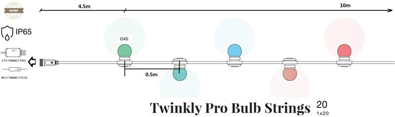 Smart LED Гірлянда Twinkly Pro Strings RGB 20, G45 лампи, IP65, AWG22 ...