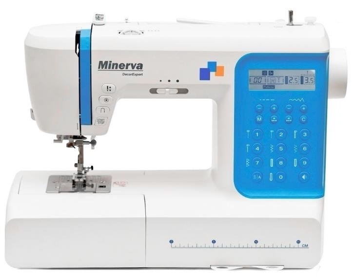 Швейная машина MINERVA DECOREXPERT,  компьютерная, 70Вт, 197 шв.оп., петля автомат, белый+синий Фото №1